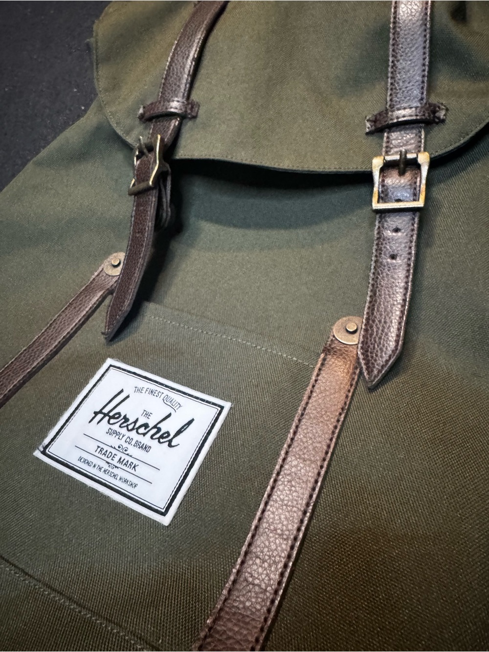 Herschel Supply Company Olive Canvas Backpack with Brown Leather Straps